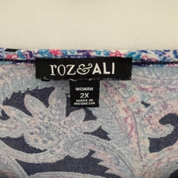 Roz & Ali Paisley Top Womens Size 2X Turquoise Pink Bell Sleeve Blouse - Picture 6 of 9